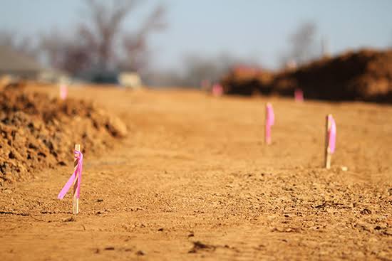 Pink-flagged survey stakes marking positions on a construction site