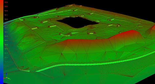 Color-coded 3D terrain model showing ground elevations